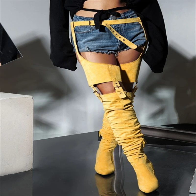 

New Stretch Over The Knee Boots Women Belt Buckle Strap Block Heels Sexy Ladies Yellow Suede Pointed Toe Thigh High Boots Mujer
