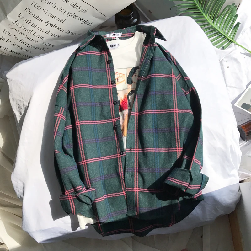 

2018 Women Fashion Brand Autumn Korea BF Style Ulzzang Vintage Simple Plaid Long Sleeve Shirt Female Casual Loose Lovers Shirt