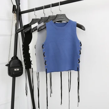 

2018 Spring Fashion Korea Women Knitting Waistcoat O Neck Sleeveless Lace Up Ribbons Casual Vest