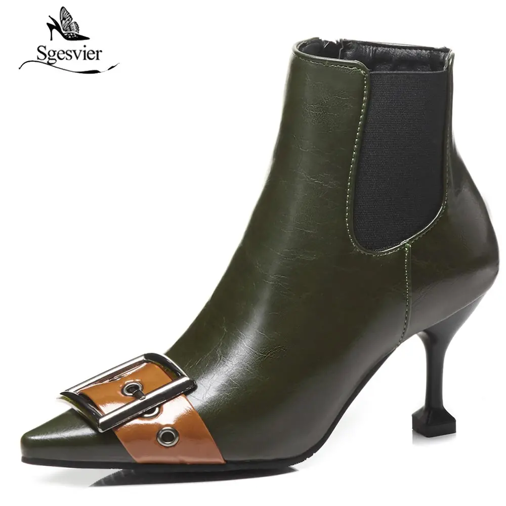 

Sgesvier autumn winter PU leather buckle ankle boots women pointed toe high heels martin boots plus size 32-48 chelsea boot B654