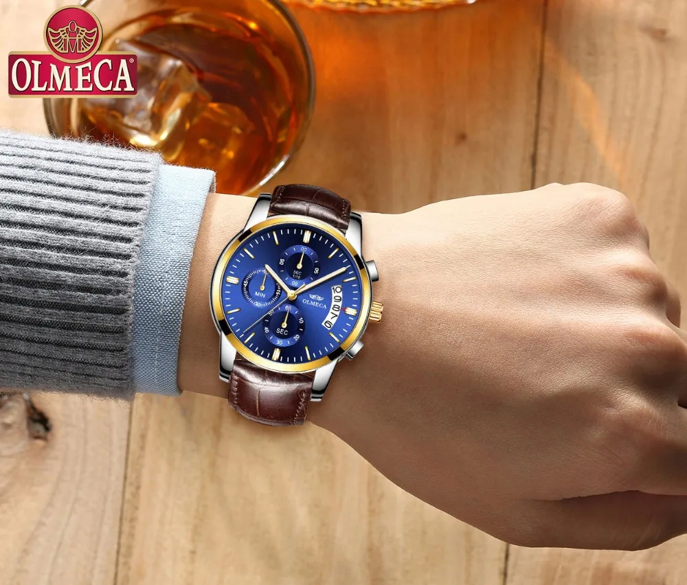Skup OLMECA zegarek luksusowy mężczyzna zegarki zegarki wodoodporne chronograf zegar wojskowy zegarek kwarcowy na nadgarstek Relogio Masculino skórzany pasek