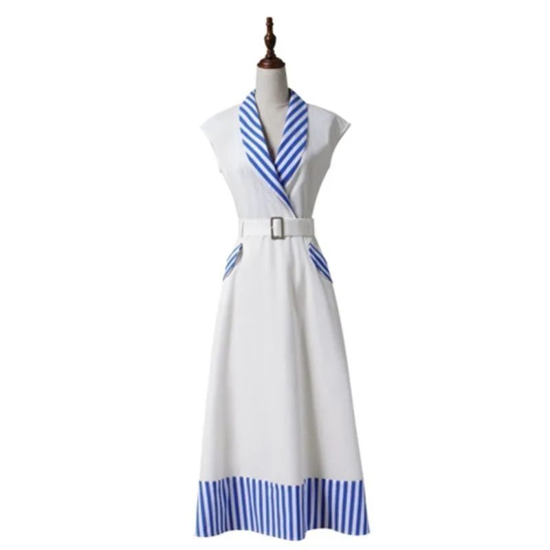 TWOTWINSTYLE полосатые лоскутные платья для женщин без рукавов Высокая талия миди платье женское Весна корейская мода одежда - Цвет: white