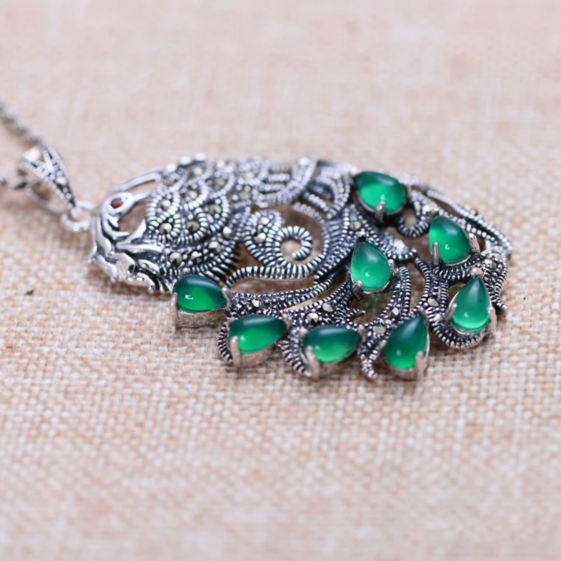 MAYONES Real Pure 925 Sterling Silver Peacock Pendants For Women Inlaid Green Chalcedony Marcasite 6