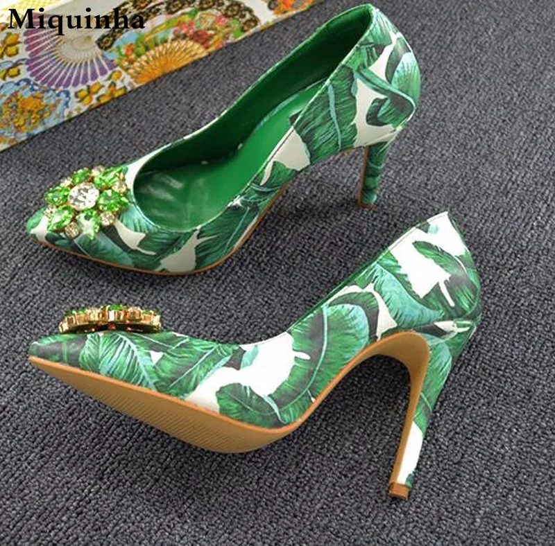 

2017 New Fashion Women Pointed Toe Printed Rhinestone Design Pumps Green Leaf Printing Crystal High Heels Casual Dress Shoes