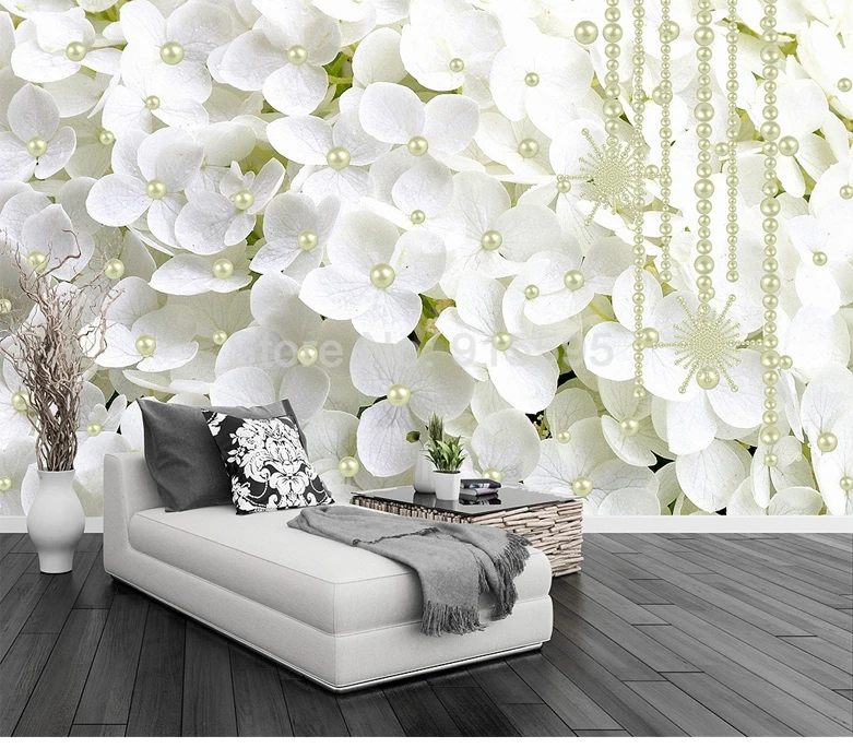 papel de parede com flores brancas estereoscópicas joia com para decoração interna da sala de mural de parede