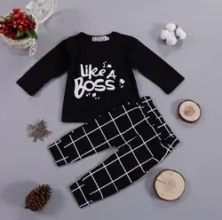 Детские комплекты одежды для маленьких мальчиков и девочек, длинные черные топы с надписью «Like A Boss» + штаны, комплекты одежды из 2 предметов