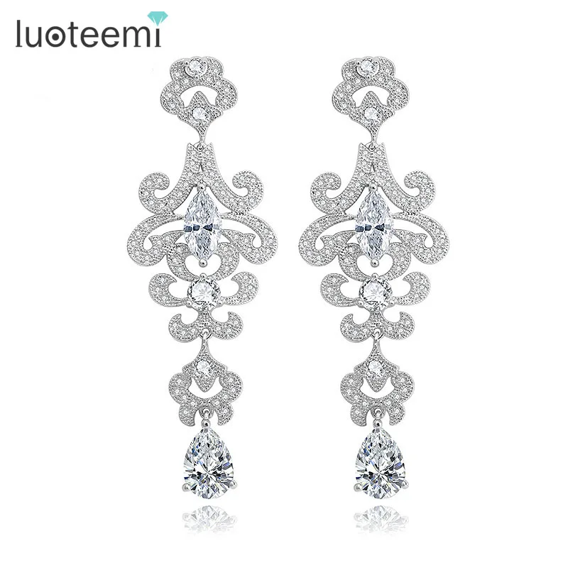 

LUOTEEMI New Fashion Luxurious Jewelry White Gold-Color CZ Crystal Brincos Dangle Long Drop Earrings for Bridal Women Wedding