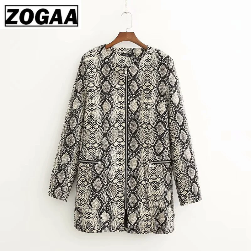 

2019 Fashion Cropped Spring Autumn O-Neck Wide-waisted Jacket Snake Print In The Long Women's Coat Abrigos Mujer Invierno