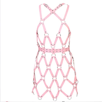 

Pink Leather Harness Set Body Bondage Cage Bra Sexy Harajuku Goth Lingerie Party Dance Festival Rave Underwear Garter Belt Dress