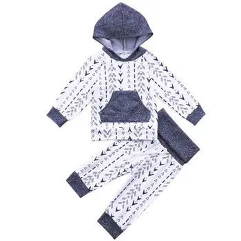 

Newborn Baby Kid Boy Girl Striped Hoodie Arrow Long Sleeve Gray Hooded Top+Pant Outfit Clothes Baby Set 2Pcs