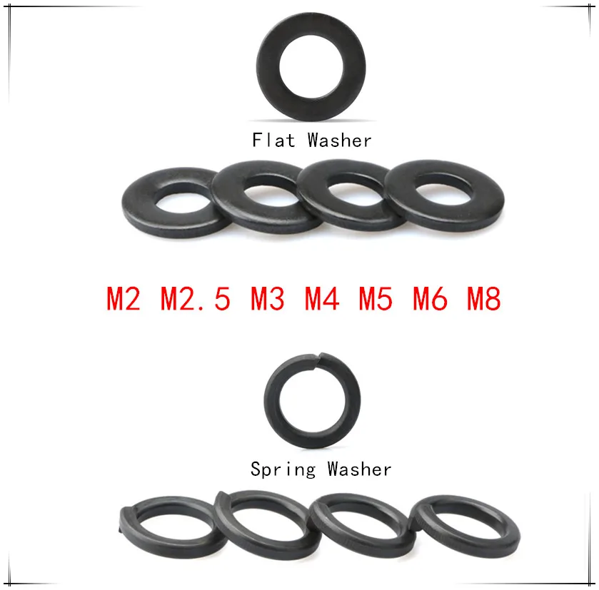 Черная шайба DIN125 плоская M2/M2.5/M3 DIN127 пружинная M4/M5/M6/M8 из углеродистой стали 2/2