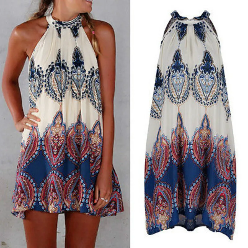 

Sexy Women Swimwear Cover-Ups Women Halter Floral Sleeveless Summer Short Mini Dress Beach Dresses