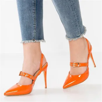 

New Womens Orange Patent Leather Mary Jane Pumps Pointy Toe Stiletto Heels Slingback Pumps High Heels Dress Shoes Woman 2019