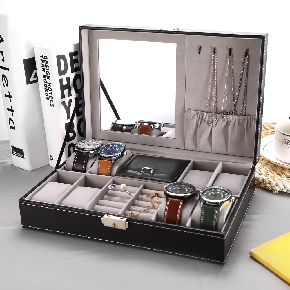 2 In 1 8 Watch Box Grids+3 Mixed Grids PU Leather Watch Case Storage Organizer Box Luxury Jewelry Ring Display Watch Boxes Black (6)