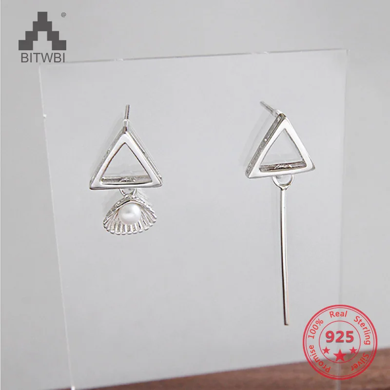 

New Arrival Exquisite Asymmetrical Pearl 925 Sterling Silver Jewelry Triangle Shell Creative Dangle Earrings