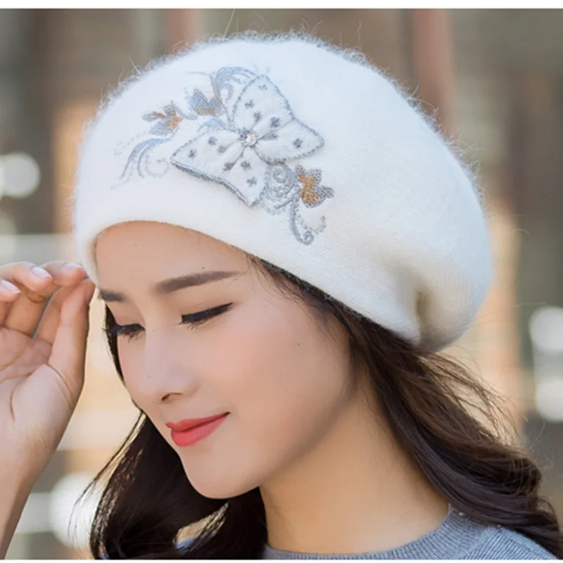 Women Angora Hat Winter Knit Beret Beanie Warm Double Layers Soft Casual Stretchy Outdoor Headwear Ski Accessory  (4)