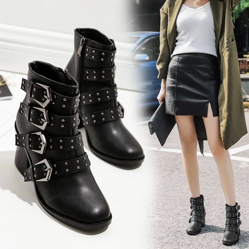 Rivets studded buckle strap boots ankle boot for woman high heels 4belt
