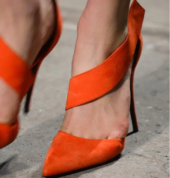 Г. Новая летняя пикантная Женская однотонная обувь оранжевого, телесного, черного цвета, с вырезами, с острым носком, на липучке вечерние Для, туфли-лодочки на высоком тонком каблуке, женская обувь