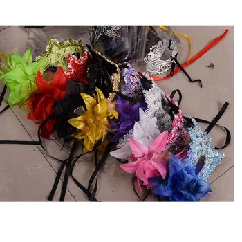 

10pcs/lot Venice lace Rhinestone sequins lilies Princess side flowers Halloween Dance Party feather mask