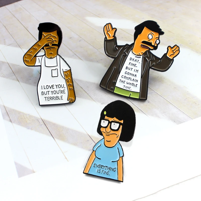

Bob Burger Tina Brooch I Love You but you're Terrible OKAY Fine but Complain Enamel Pin Clothes Cap Badge Children Cartoon Gifts