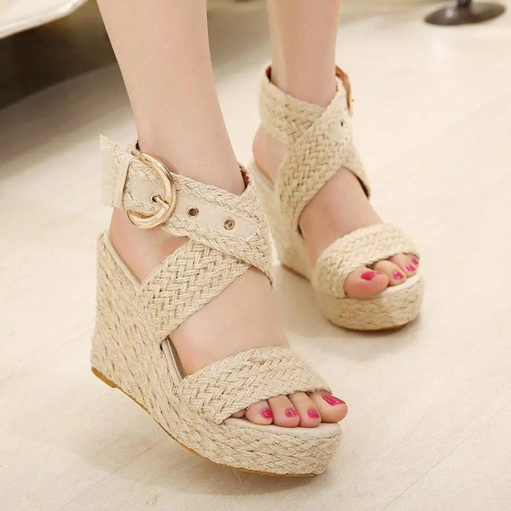 

Women Buckle Wedges Sandals fashion female summer high platform 2019 Roman Shoes cane solid Casual Big Size retro footwear