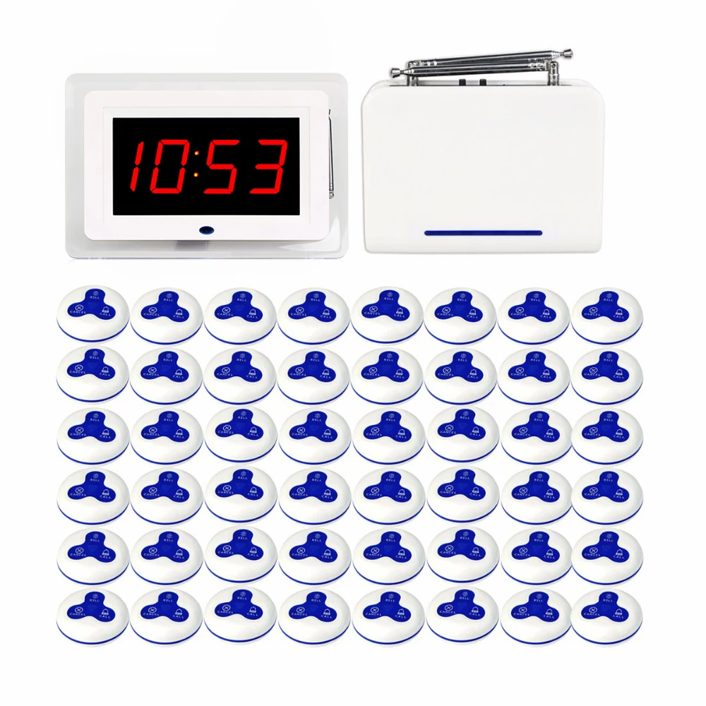 

433MHz Wireless Waiter Nurse Calling Pager System Receiver Host +1 pcs Repeater Signal Amplifier + 48pcs Call Transmitter Button