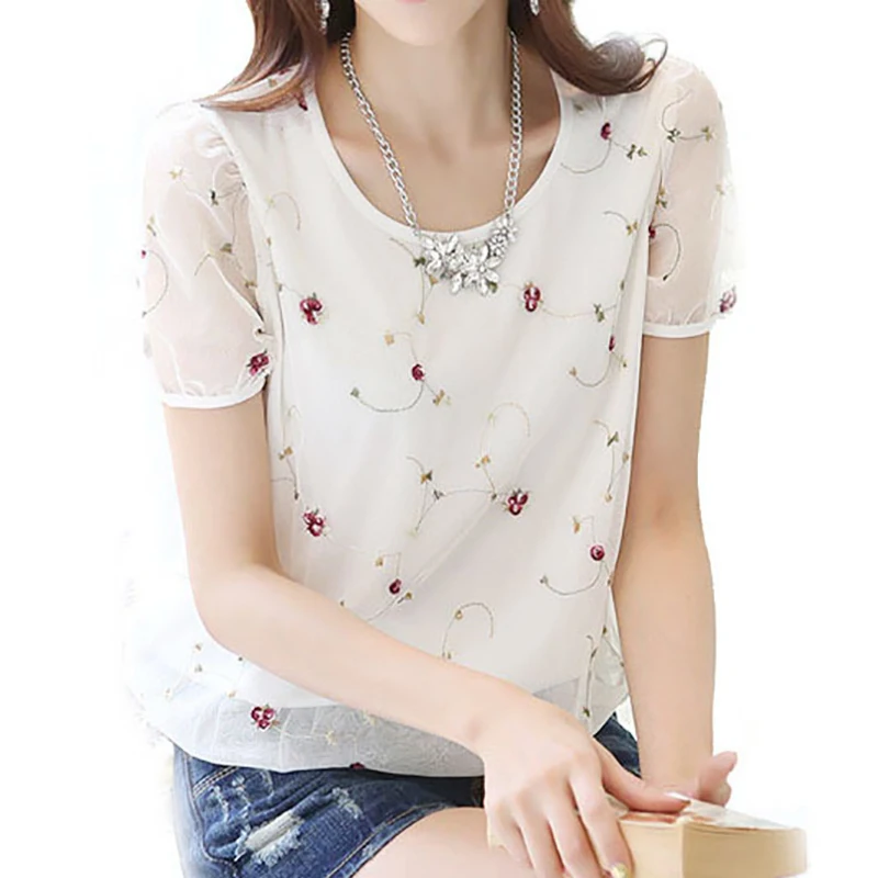 

2018 summer style women shirts flower embroidery vintage floral mesh woman blouse short sleeve chiffon shirt