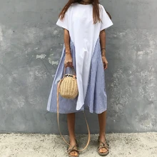 Летнее хлопковое Повседневное платье, новое корейское сшитое Полосатое свободное платье с короткими рукавами, лоскутное ТРАПЕЦИЕВИДНОЕ ПЛАТЬЕ с круглым вырезом