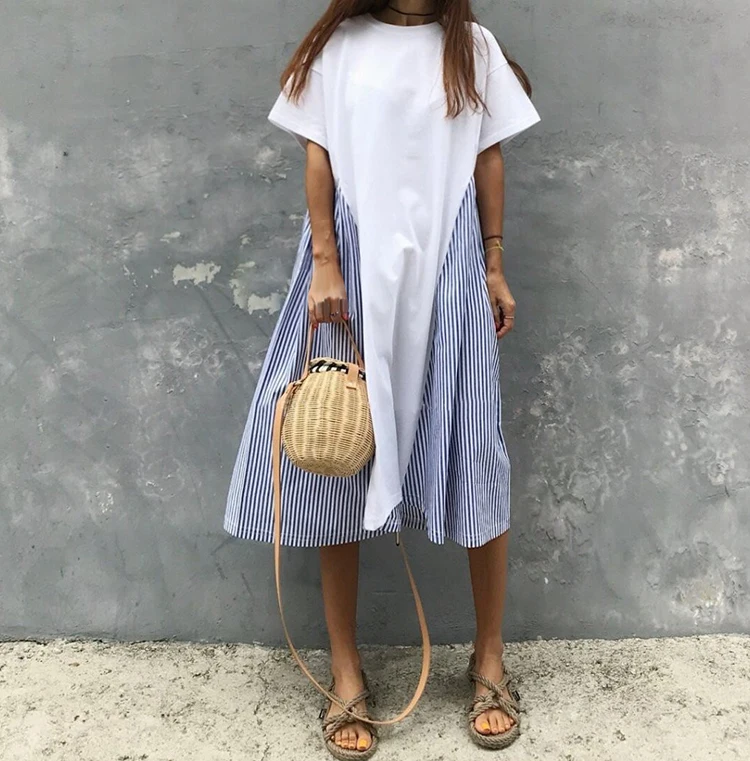 

2019 Summer Cotton Casual Dress New Korean Stitched Striped Loose Short-sleeved Dress Patchwork A-Line O-Neck Dress
