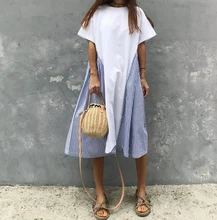 2019 Summer Cotton Casual Dress New Korean Stitched Striped Loose Short-sleeved Dress Patchwork A-Line O-Neck Dress