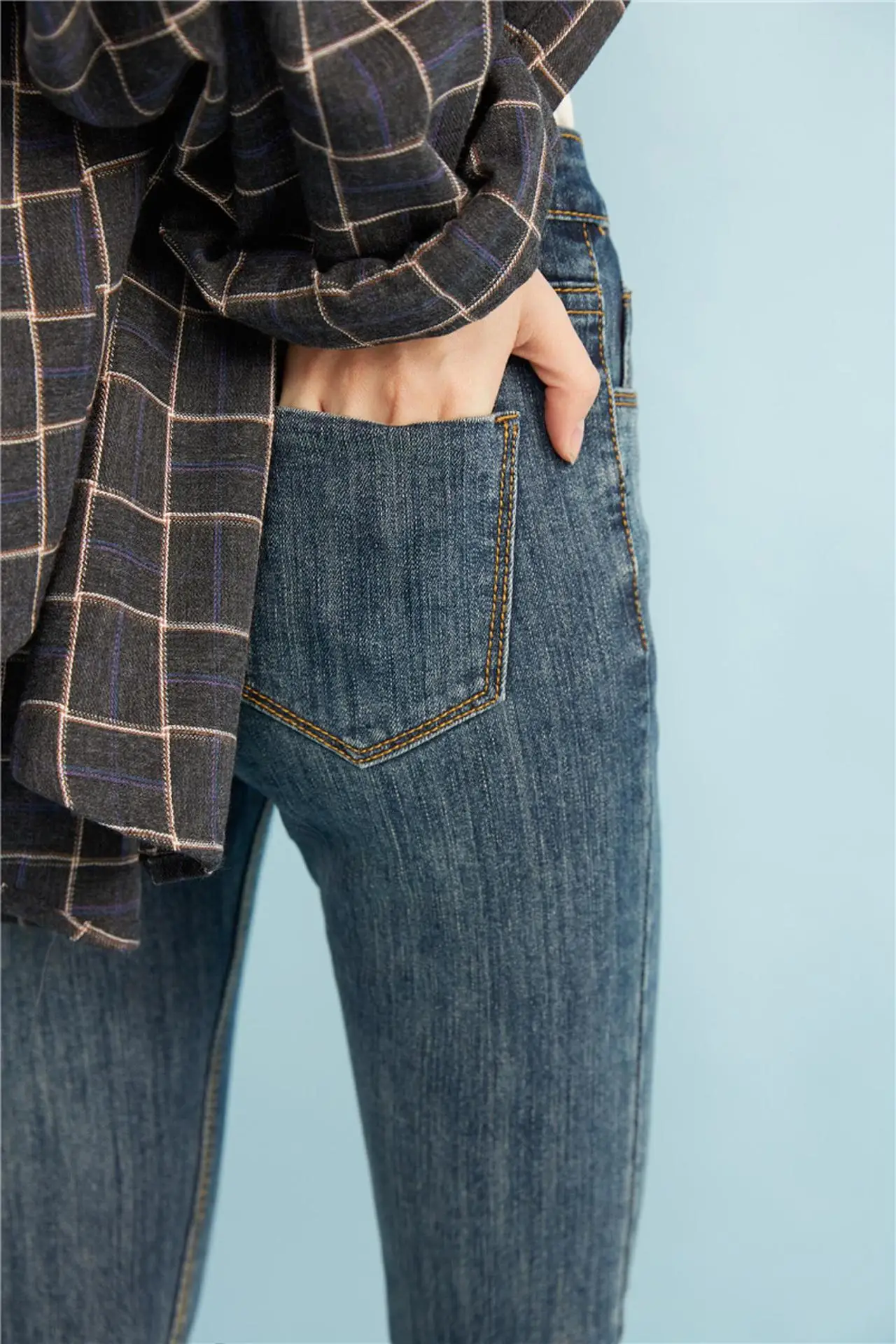 Офисные женские туфли женские джинсы синего джинсового цвета узкие Высокая талия карандаш брюки лодыжки-Длина брюки