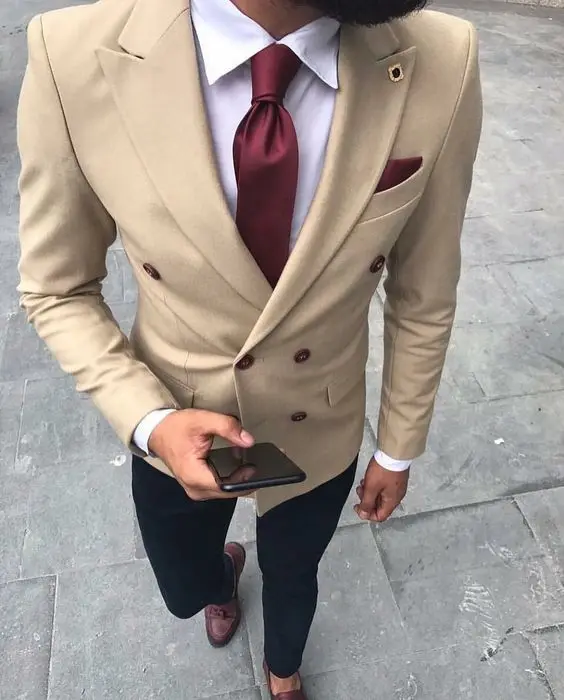 860 Men Suits Khaki Double Breasted Blazer Wedding Suits Groom Tailored Made Tuxedo Terno Masculino 2 Pieces (Jacket+Pants)