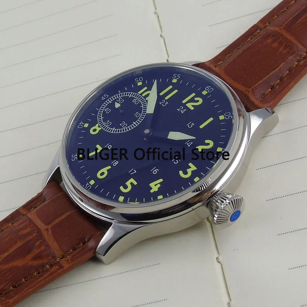

Fashion 44mm Black Sterile Dial Green Luminous Marks Small Second Hand 17 Jewels 6497 Hand Winding Movement Men's Watch P6