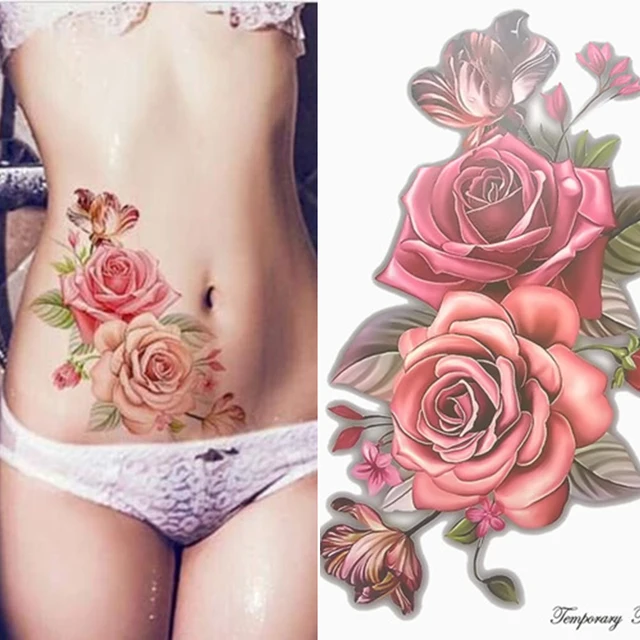 Красота 1 шт Косметика поддельные временные татуировки наклейки розовыми цветами руку на плечо татуировки водонепроницаемые женские большой flash татуировки на теле