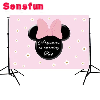 

Sensfun Polyester Photocall Pink Wall Minnie Mounse Kids First Birthday Custom Photo Studio Backdrop Flower Background 7x5ft