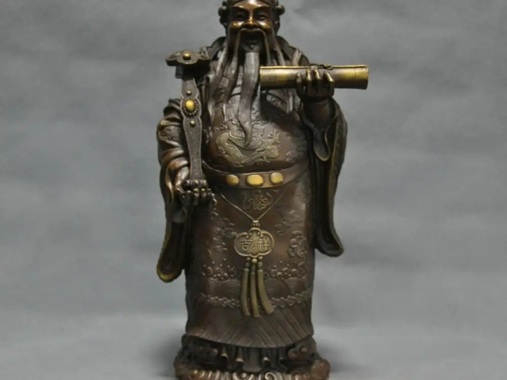 

14" China God Of Wealth Mammon Hold Ruyi Book Carve Dragon Bronze Statue