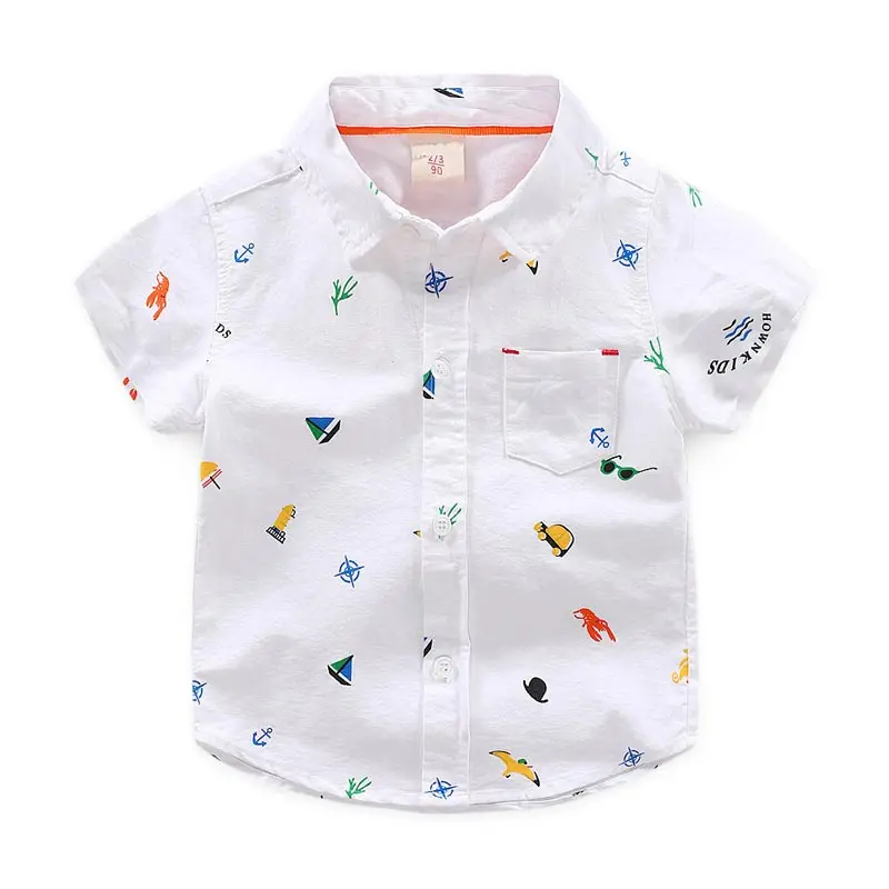 Летняя рубашка для мальчиков детские рубашки с мультяшным принтом модная мягкая хлопковая рубашка с короткими рукавами для маленьких мальчиков, детская одежда на рост от 80 до 130 см - Цвет: white