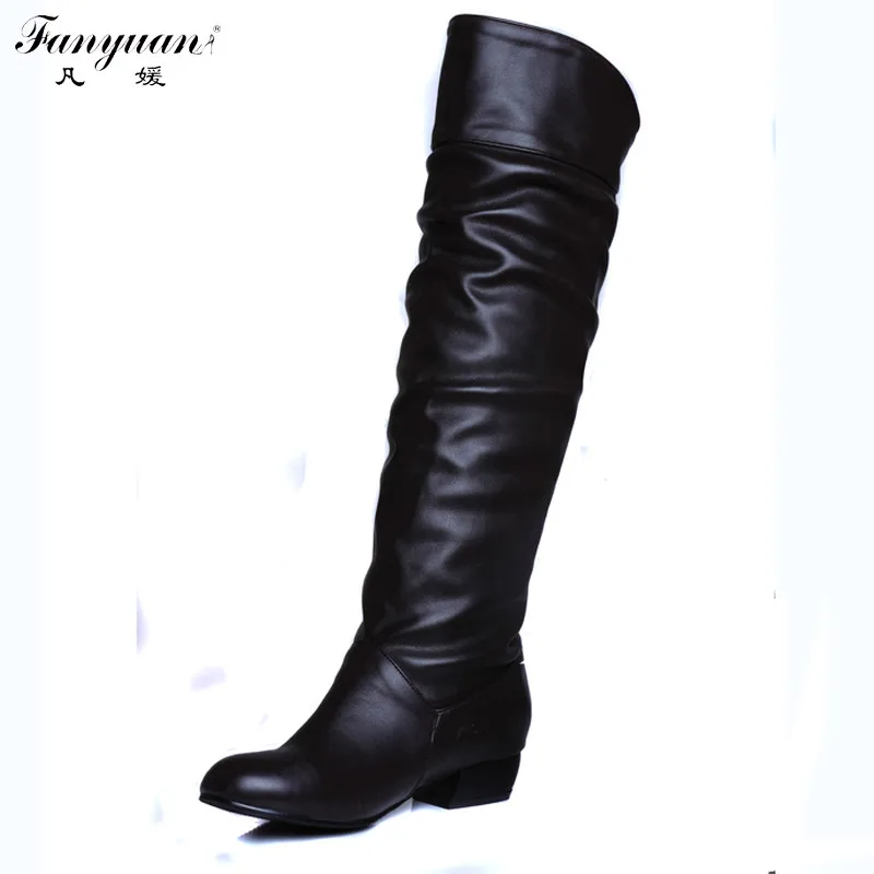 

2016 New Arrival Women Fashion Warm Square Heel Knee-High Boots Pleated Decoration PU Leather Slip- On Female Boots