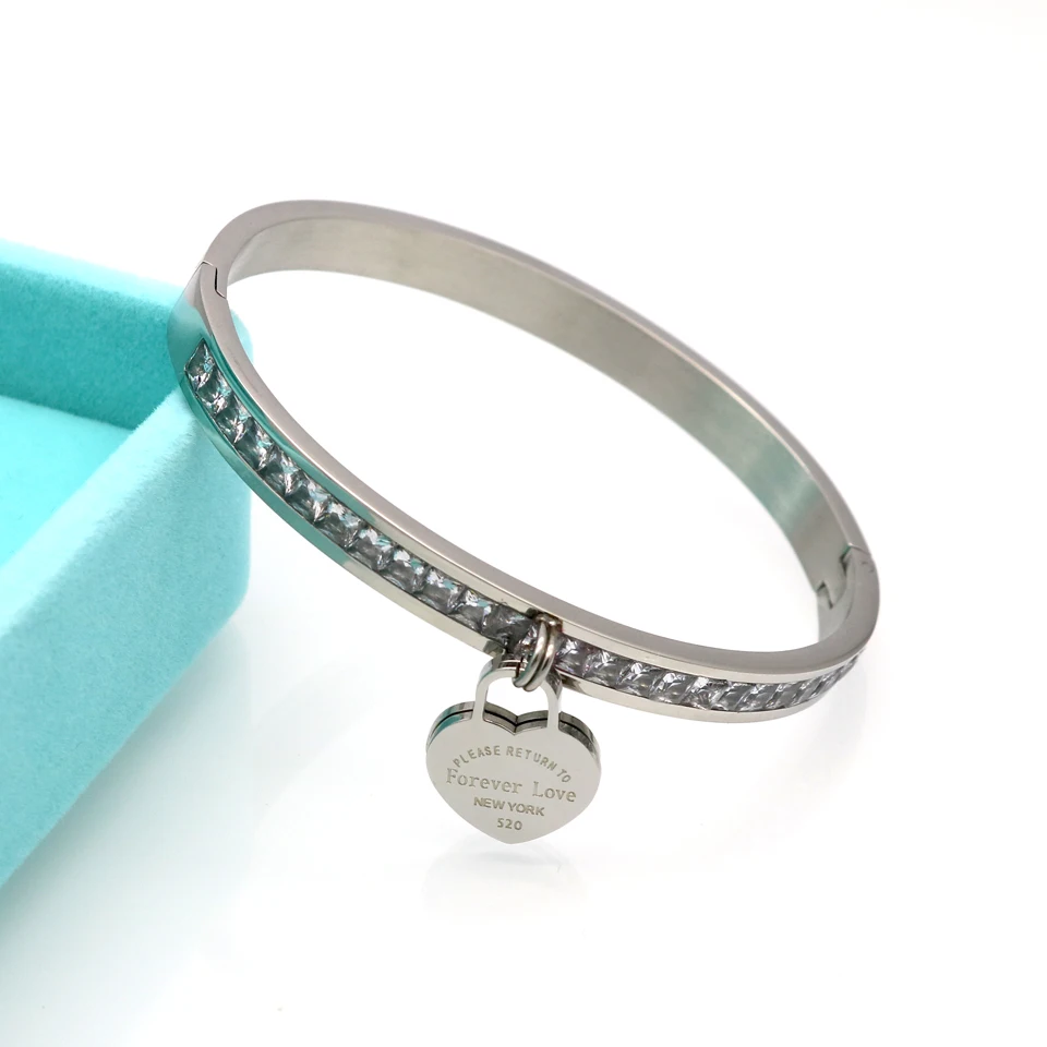 

New Luxury Famous Brand Jewelry Pulseira Stainless Steel Crystal Bracelets & Bangles Female Love Heart Bracelet For Women