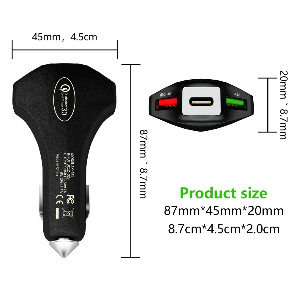 Быстрая зарядка 4,0 3,0 USB Автомобильное зарядное устройство PD 50 Вт Быстрая зарядка молоток безопасности для Iphone X samsung S9 huawei mate 20 P20 P30 Xiaomi