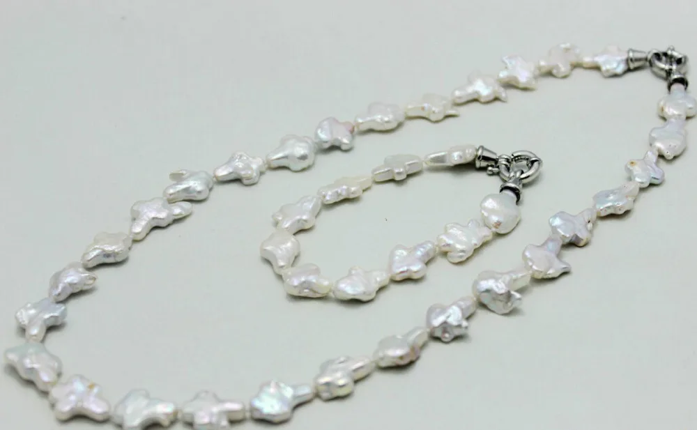 

free shipping>>> j003332 White cross freshwater pearl set 11x18mm 20 & 7.9" Alloy "Handmade