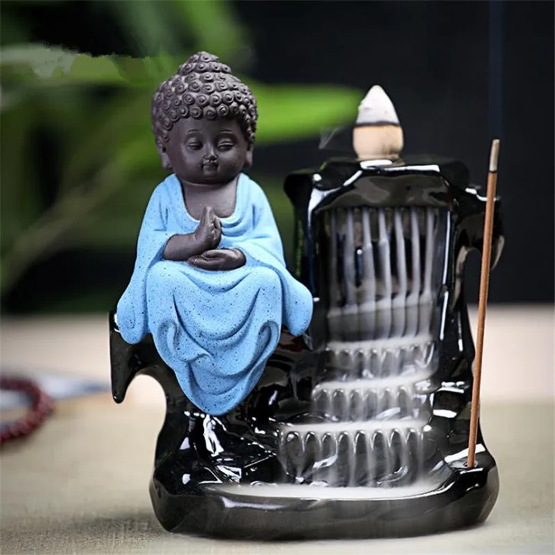 

3 Colors Little Buddha Smoke Backflow Incense Burner Zen Buddhist Ceramic Rockery Incense Holder Home Decor Aromatherapy Censer