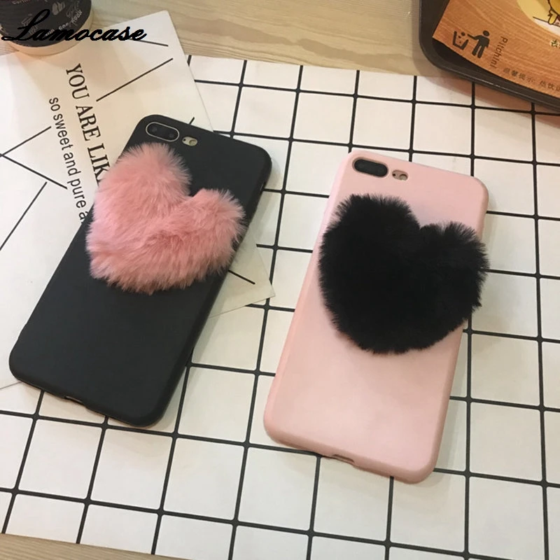 3D Cute Soft Fluffy Warm Fur Case For iPhone 7 Plus Love Heart Furry
