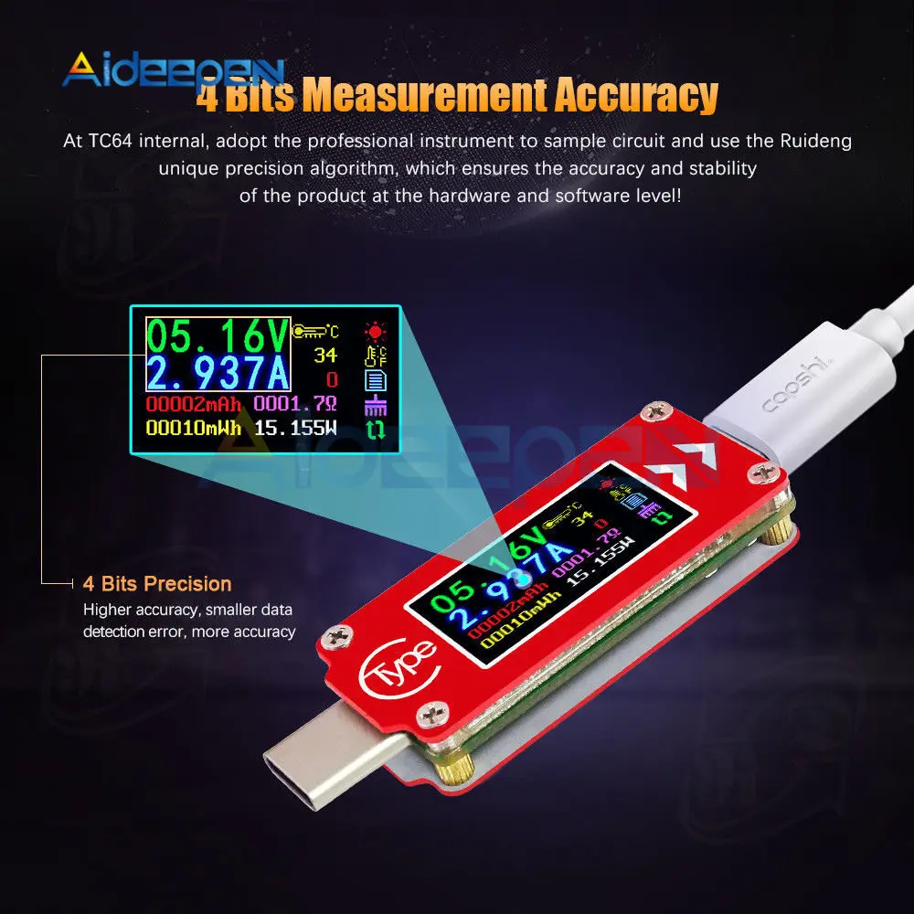 TC64 тип-c цветной ЖК-дисплей USB Вольтметр Амперметр Напряжение измеритель тока мультиметр батарея PD Зарядка банк питания USB Тестер