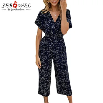

SEBOWEL 2020 Summer Wrapped Short-sleeved Polka Dot Jumpsuits Woman Pocket Rompers High Waist Wide Leg Loose Chiffon Jumpsuit
