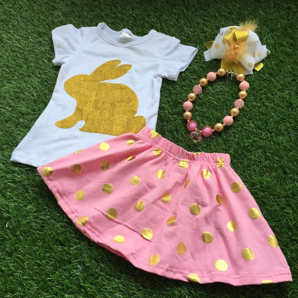 

GSCH Children Ester Day Baby Girls Clothes Outfit Cotton 2017 gold cute bunny White T-shirt short sleeve + dot pink skirt Suit