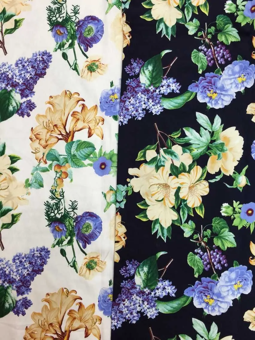 Pretty White & Black Wisteria Flower Printed Cotton Spandex Fabricin