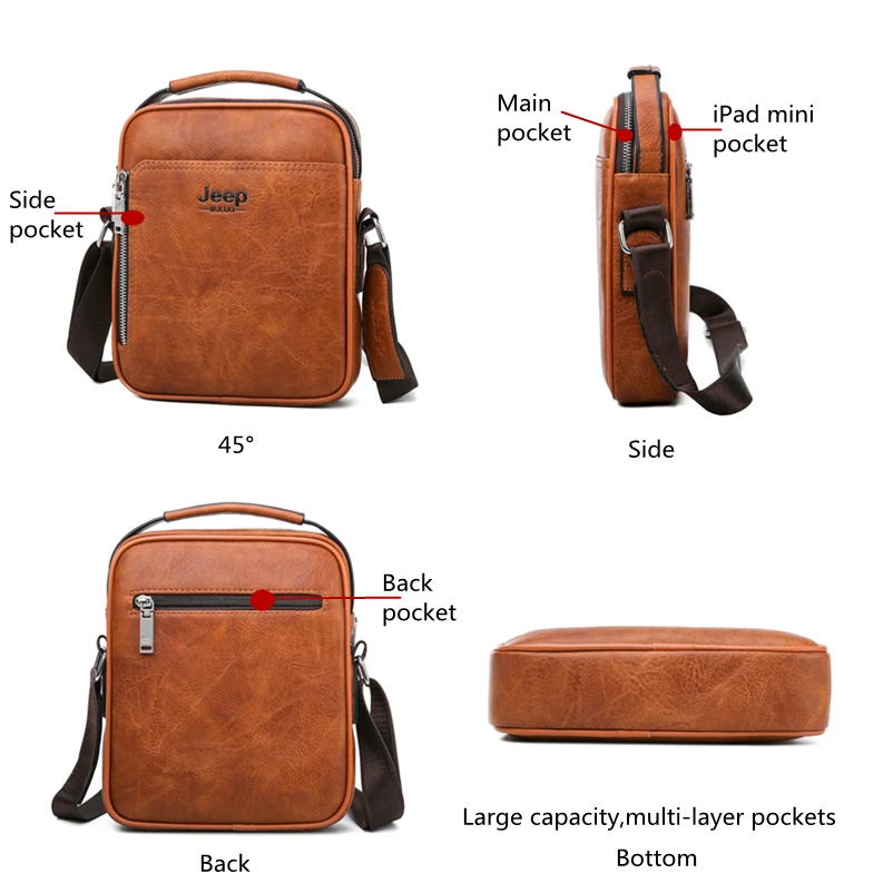 JEEP BULUO Brand High Quality Split Leather Large Capacity Man Bag Men Messenger Bags Crossbody Shoulder Tote Bags For Male New