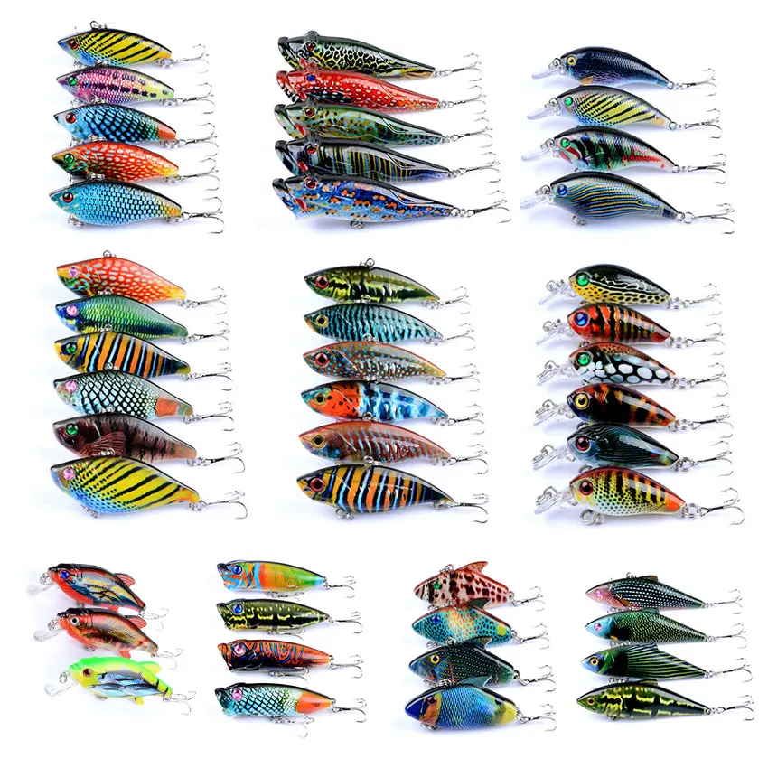  Mixed Set Crankbait Popper VIB Fishing Lure 4g-12.5g Hard Bionic 3D Eyes Minnow Painted Bait Wobble
