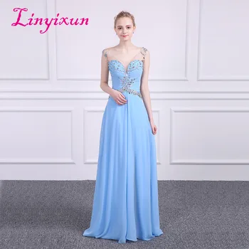 

Linyixun 2018 New Chiffon Long Evening Dresses Beaded Zipper Back Vestido De Festa Formal Prom Gowns Custom Made Robe De Soiree